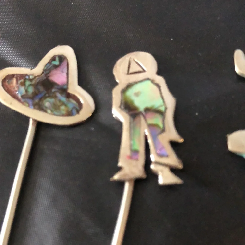 Mexican sterling silver & mother of Pearl snack picks, vintage handmade 4” - Picture 2 of 5